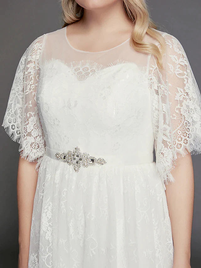 A-Line Wedding Dresses Illusion Neck Jewel Neck Floor Length Lace Tulle Half Sleeve Formal Boho Little White Dress See-Through with Beading Lace Insert