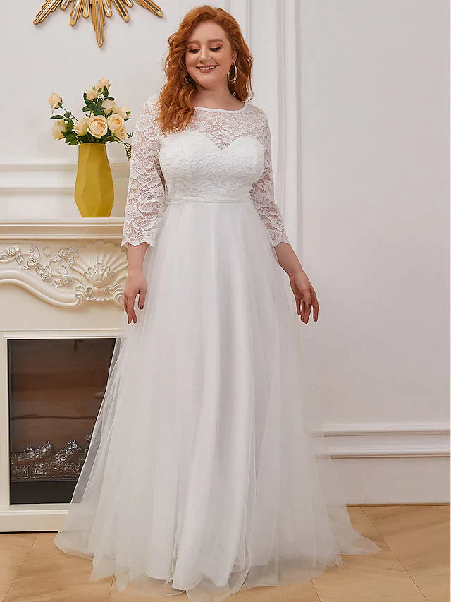 A-Line Wedding Dresses Jewel Neck Floor Length Lace Tulle Sleeveless Romantic with Cascading Ruffles