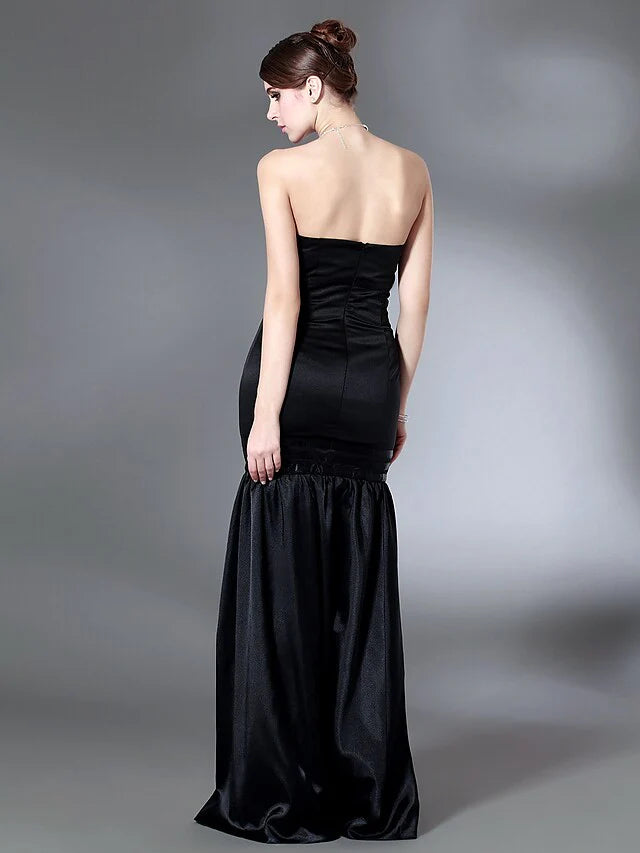 Cocktail Party Formal Evening Dress Strapless Sleeveless Floor Length Stretch Satin with Draping