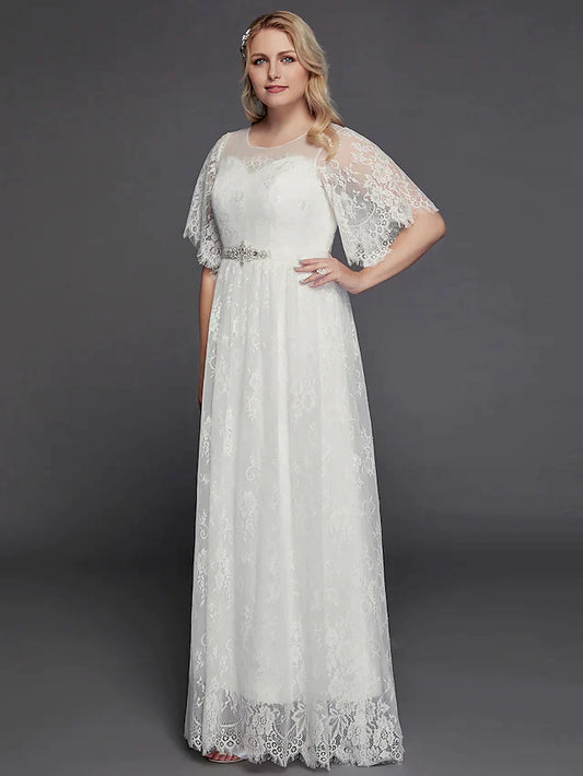 A-Line Wedding Dresses Illusion Neck Jewel Neck Floor Length Lace Tulle Half Sleeve Formal Boho Little White Dress See-Through with Beading Lace Insert