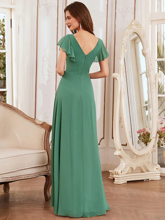 A-Line V Neck Asymmetrical Chiffon Bridesmaid Dress