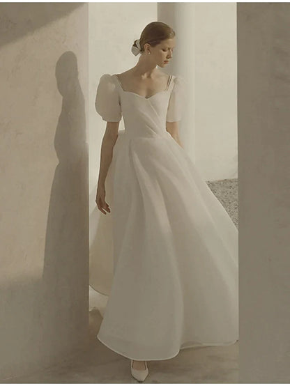 A-Line Wedding Dresses Scoop Neck Ankle Length Organza Short Sleeve Country Simple Little White Dress with Ruffles