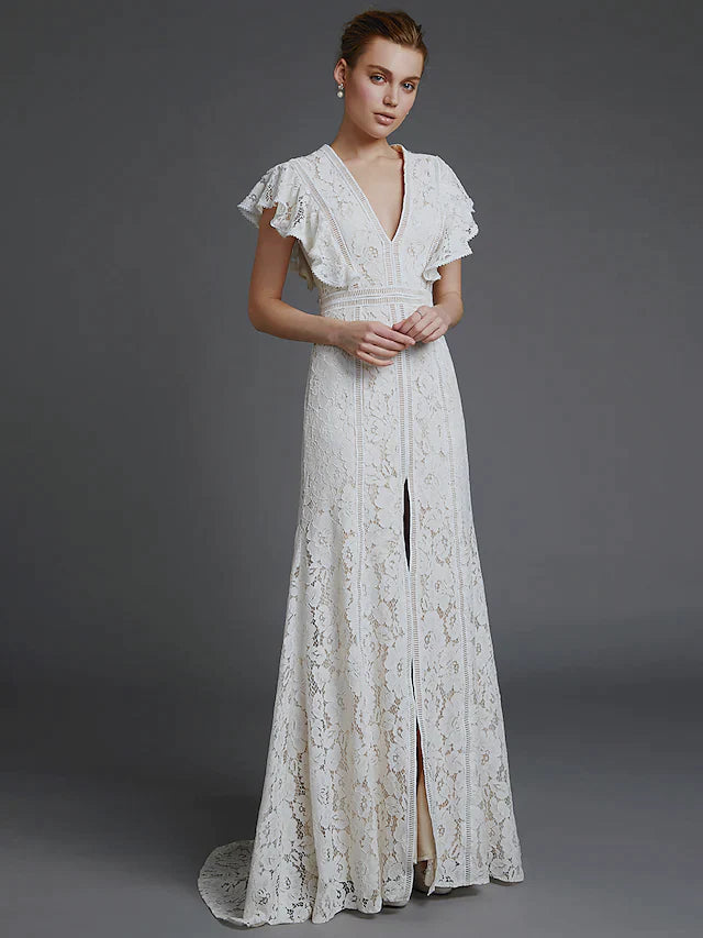 A-Line Wedding Dresses V Neck Lace Sleeveless Boho with Split Front