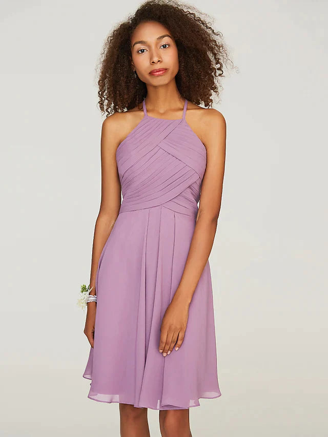 A-Line Halter Neck Knee Length Chiffon Bridesmaid Dress