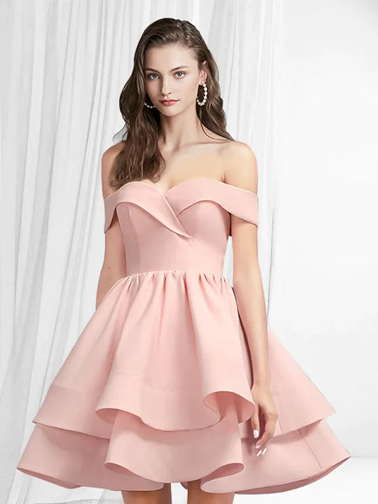 A-Line Empire Minimalist Homecoming Engagement Dress Off Shoulder Sleeveless Short Mini Satin with Tier