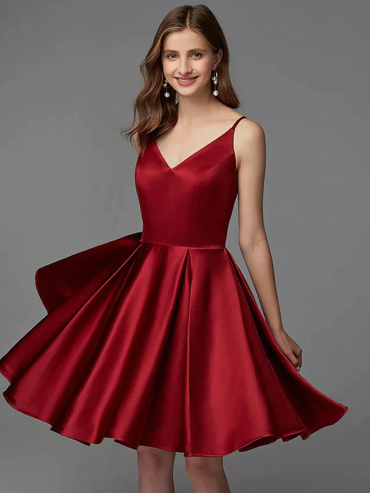 A-Line Hot Homecoming Cocktail Party Valentine's Day Dress V Neck Sleeveless Short Mini Satin with Pleats