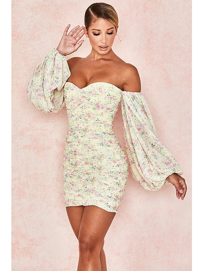 Sexy Floral Party Wear Cocktail Party Dress Off Shoulder Long Sleeve Short Mini Spandex