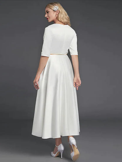 A-Line Minimalist Elegant Homecoming Party Dress V Neck Half Sleeve Tea Length Satin with Ribbon Pleats