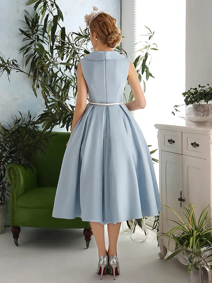 A-Line Elegant Vintage Inspired Cocktail Party Prom Dress V Neck Sleeveless Tea Length Spandex with Sash Ribbon