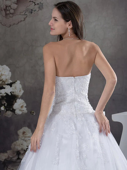 A-Line Wedding Dresses Strapless Court Train Lace Tulle Strapless with Beading Appliques