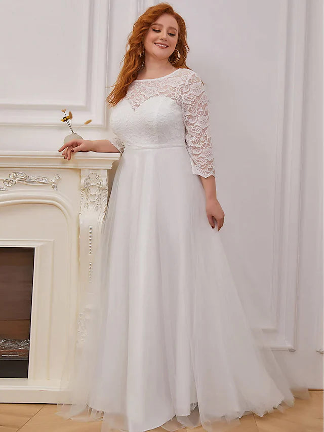 A-Line Wedding Dresses Jewel Neck Floor Length Lace Tulle Sleeveless Romantic with Cascading Ruffles