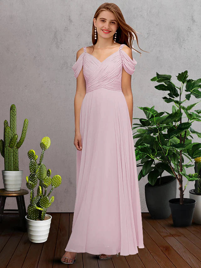 A-Line V Neck Spaghetti Strap Floor Length Chiffon Bridesmaid Dress