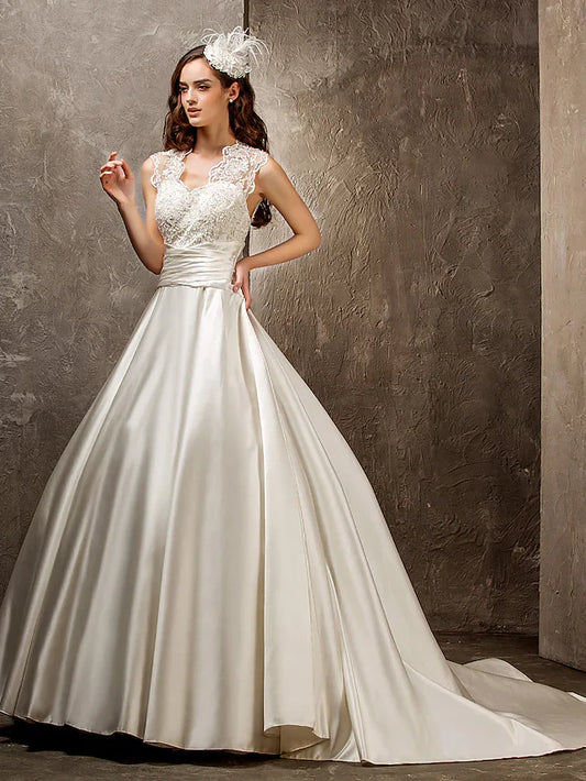 A-Line Wedding Dresses Queen Anne Lace Satin Sleeveless See-Through with Sash Ribbon Beading Appliques