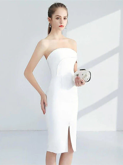 Minimalist Elegant Engagement Cocktail Party Dress Strapless Sleeveless Knee Length with Sleek Split