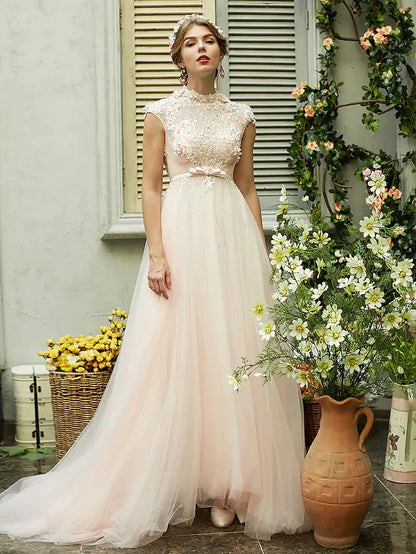 A-Line Wedding Dresses High Neck Sweep Brush Train Tulle Short Sleeve Open Back with Bowknot Sash Ribbon Beading