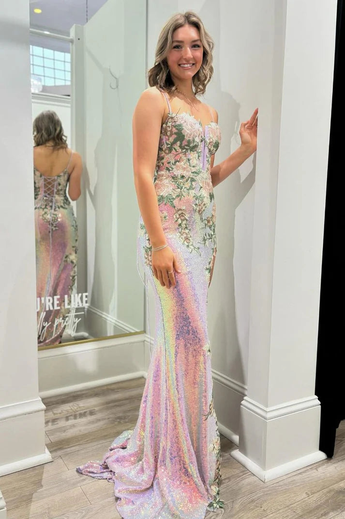 Lace Up Sparkly Sweetheart Sequins Mermaid Long Prom Dresses