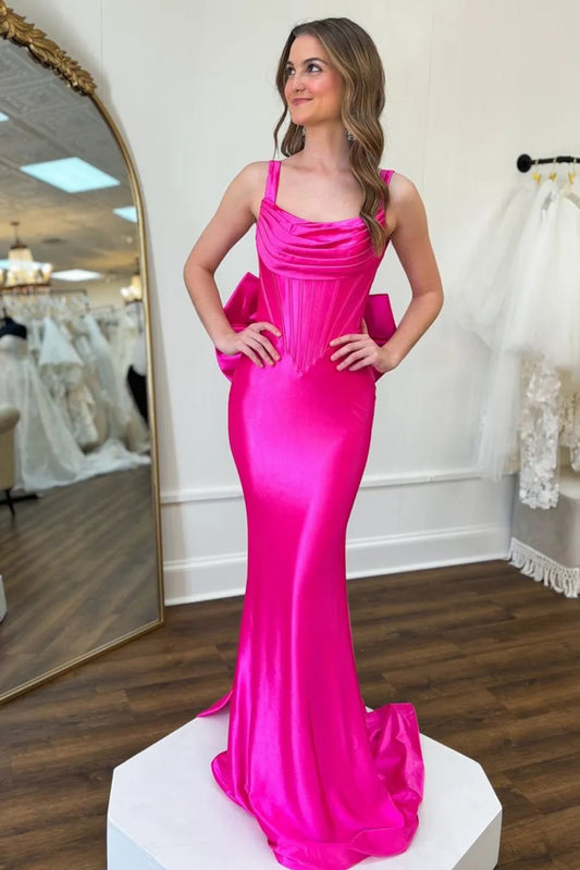 Xuewuba Formal Wear Dresses Fuchsia Spaghetti Straps Satin Mermaid Open Back Long Corset Prom Dress with Bow Prom Dresses Stores