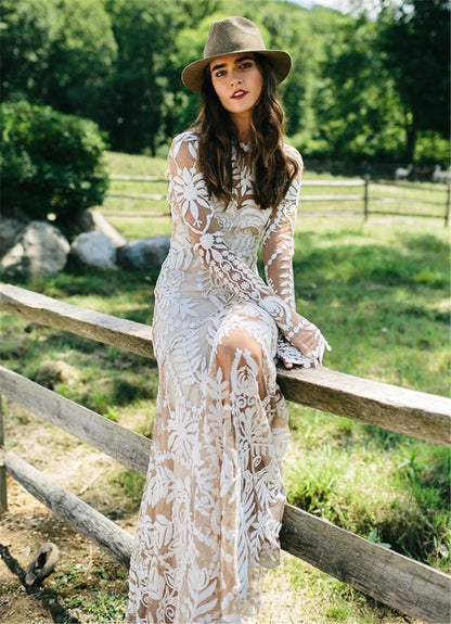 Long Sleeves Lace Boho Tulle Mermaid Wedding Dresses With Applique