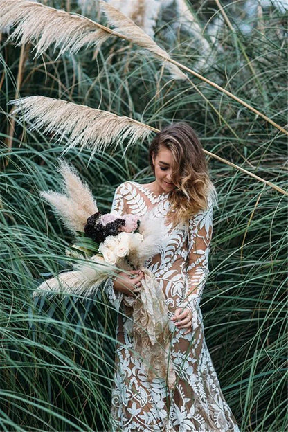 Long Sleeves Lace Boho Tulle Mermaid Wedding Dresses With Applique