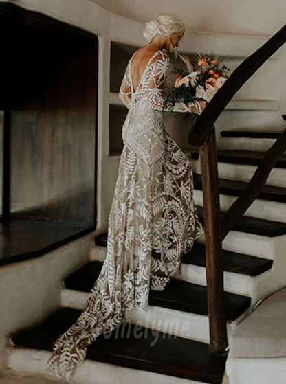 Long Sleeves Lace Boho Tulle Mermaid Wedding Dresses With Applique