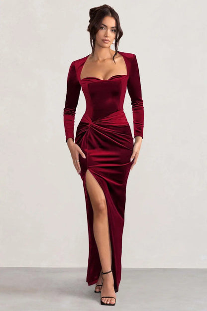 Xuewuba Stores With Prom Dresses Velvet Long Sleeves Tight Long Dress With Hight Slit Formal Women's Dresses