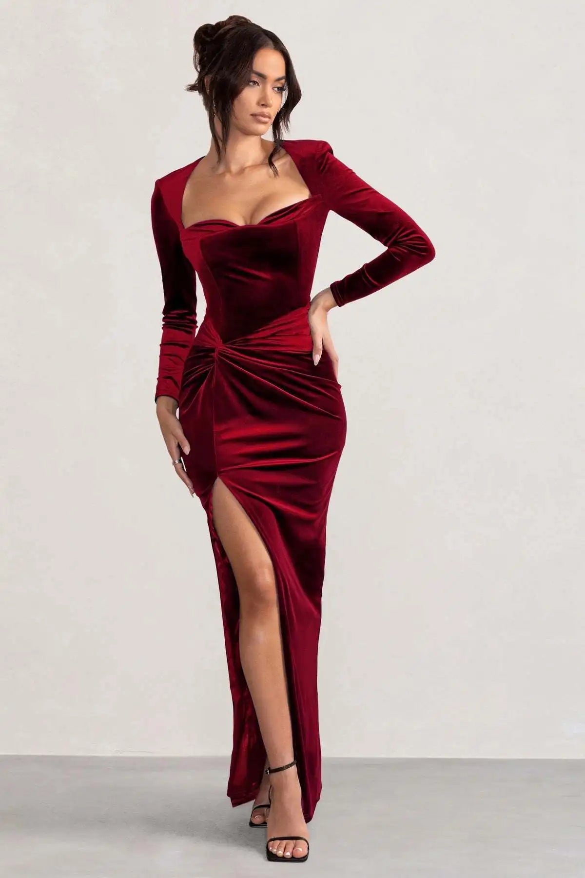 Xuewuba Stores With Prom Dresses Velvet Long Sleeves Tight Long Dress With Hight Slit Formal Women's Dresses