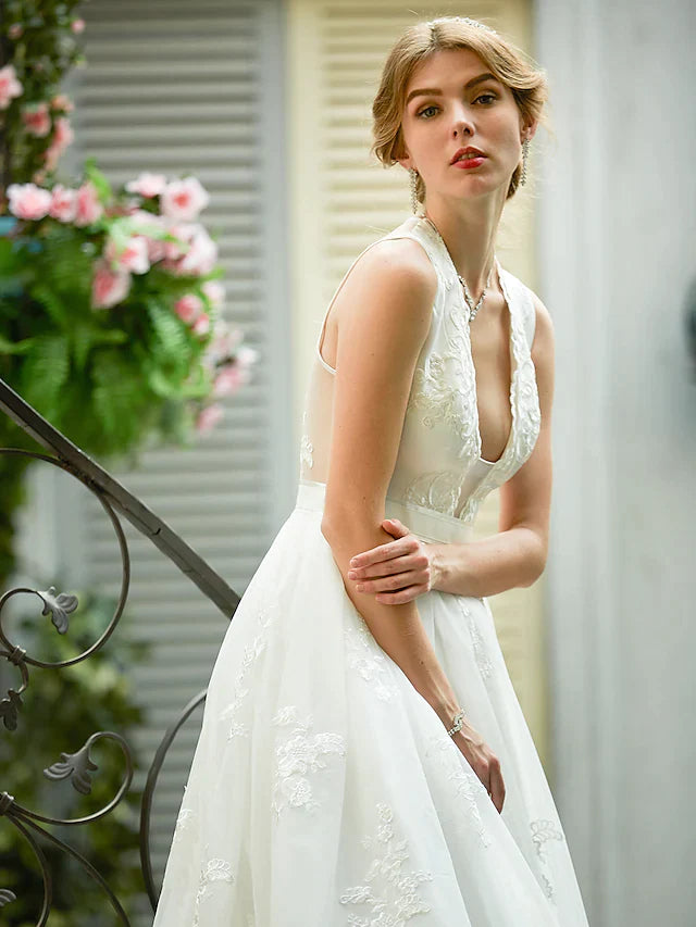 A-Line Wedding Dresses Plunging Neck Lace Over Tulle Sleeveless See-Through Beautiful Back Illusion Detail with Sash Ribbon Appliques