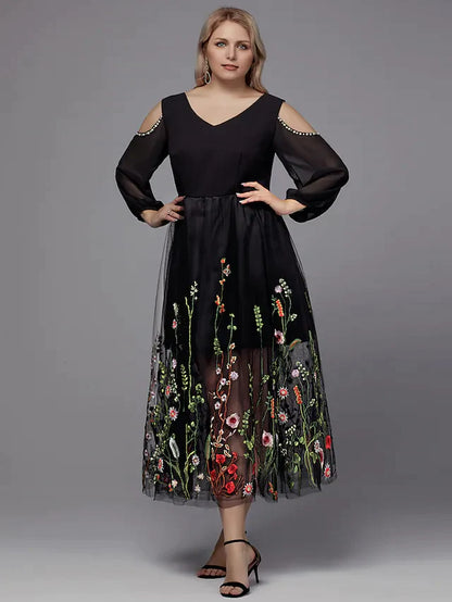 A-Line Plus Size Holiday Cocktail Party Valentine's Day Dress V Neck 3 Length Sleeve Tea Length Tulle with Beading Appliques