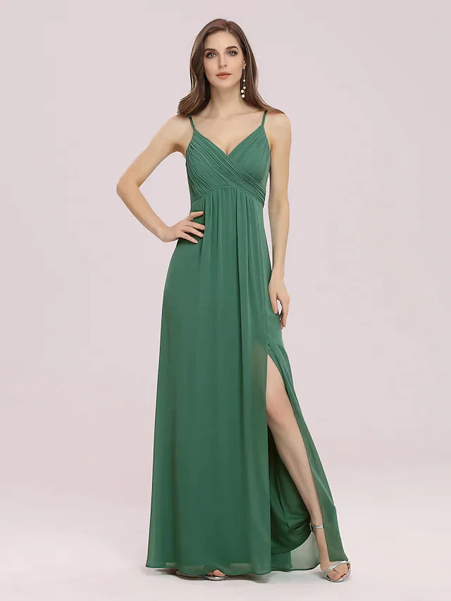 A-Line V Neck Floor Length Chiffon Bridesmaid Dress