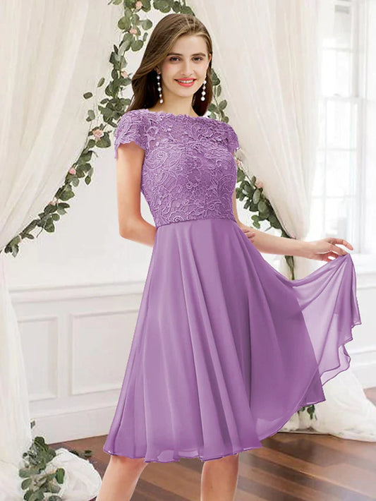 Jewel Neck Knee Length Chiffon Lace Bridesmaid Dress with Pleats