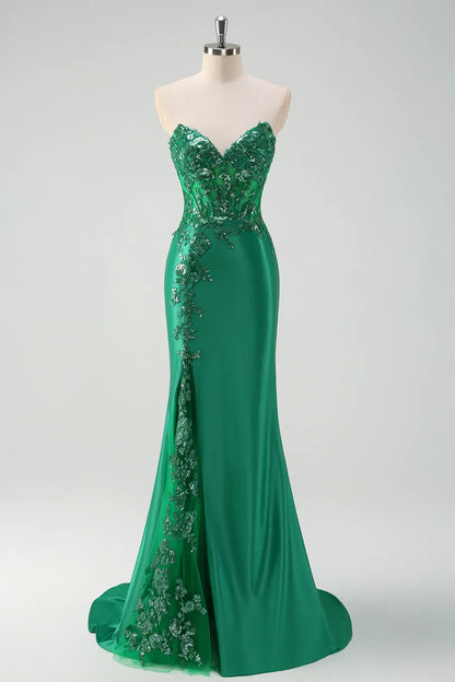 Xuewuba Formal Wear Dresses Green Sweetheart Satin Mermaid Long Corset Prom Dress with Appliques Prom Dresses Stores