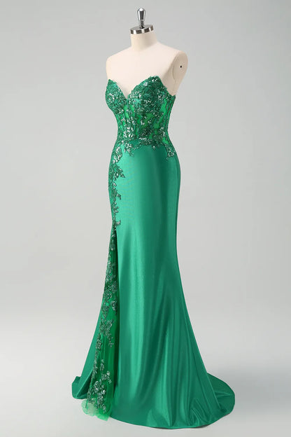 Xuewuba Formal Wear Dresses Green Sweetheart Satin Mermaid Long Corset Prom Dress with Appliques Prom Dresses Stores