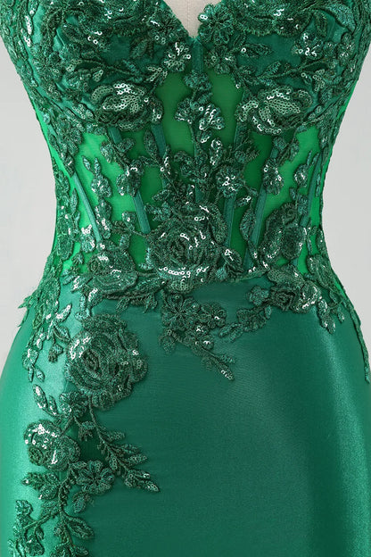 Xuewuba Formal Wear Dresses Green Sweetheart Satin Mermaid Long Corset Prom Dress with Appliques Prom Dresses Stores