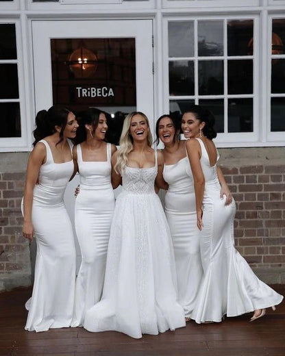 Mermaid Square Floor Length White Satin Bridesmaid Dresses Wedding Dress