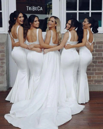 Mermaid Square Floor Length White Satin Bridesmaid Dresses Wedding Dress