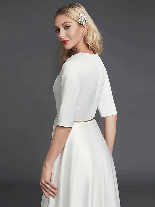 A-Line Minimalist Elegant Homecoming Party Dress V Neck Half Sleeve Tea Length Satin with Ribbon Pleats