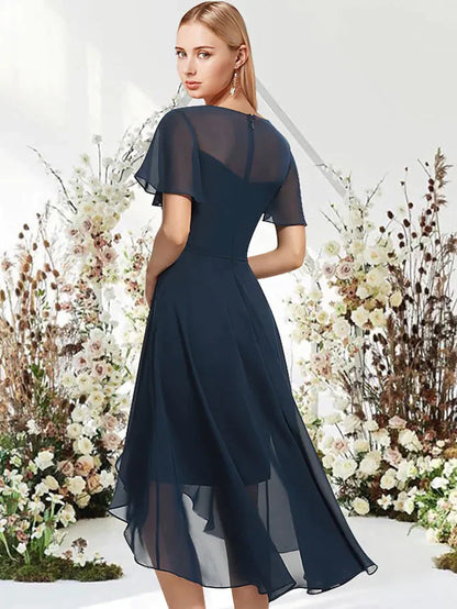 A-Line Empire Elegant Wedding Guest Engagement Dress Jewel Neck Short Sleeve Asymmetrical Knee Length Chiffon with Sleek