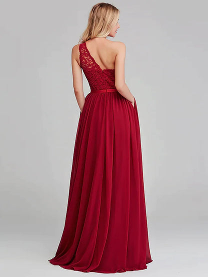 A-Line One Shoulder Long Length Chiffon Lace Bridesmaid Dress