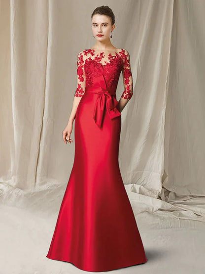 Mother of the Bride Dress Elegant Jewel Neck Floor Length Lace Satin Half Sleeve with Bow(s) Appliques