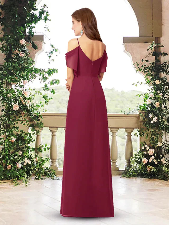 A-Line V Neck Floor Length Chiffon Bridesmaid Dress