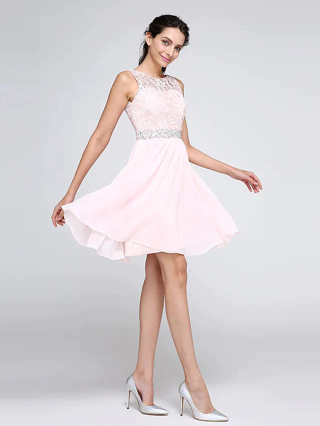 A-Line Hot Graduation Cocktail Party Dress Illusion Neck Sleeveless Short Mini Chiffon Corded Lace with Crystals