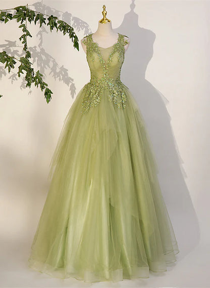 Light Green A-line Tulle with Lace Applique Prom Dress