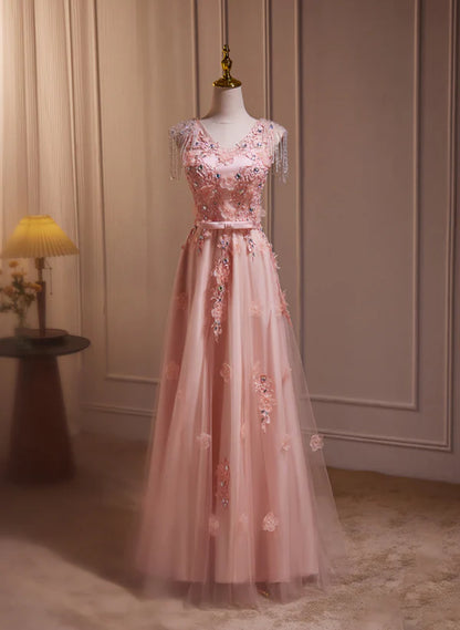 Pink V-neckline Tulle Beaded with Lace Applique Prom Dress