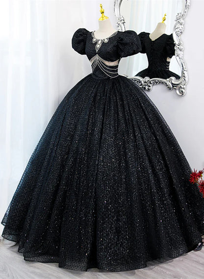 Glam Black Tulle Beaded Short Sleeves Prom Dress