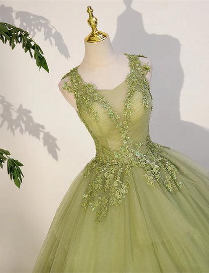 Light Green A-line Tulle with Lace Applique Prom Dress