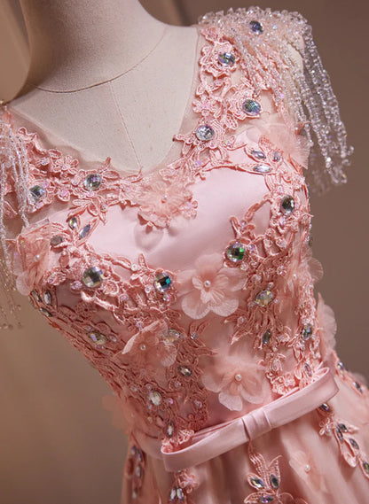 Pink V-neckline Tulle Beaded with Lace Applique Prom Dress