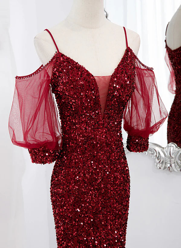 Wine Red Velvet Mermaid Long Party Prom Dress