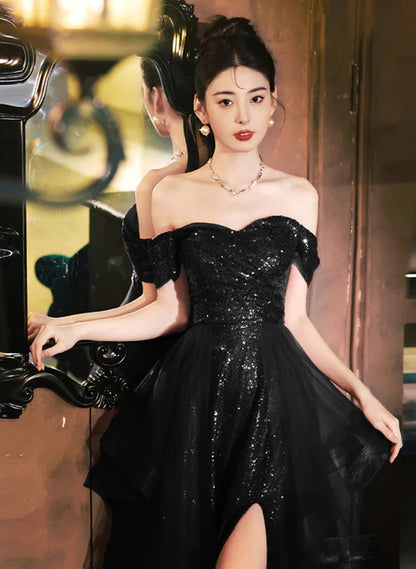 A-line Black Tulle and Sequins Long Prom Dress with Leg Slit