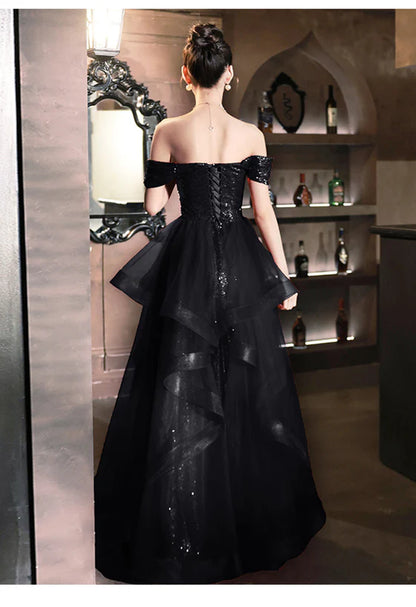 A-line Black Tulle and Sequins Long Prom Dress with Leg Slit