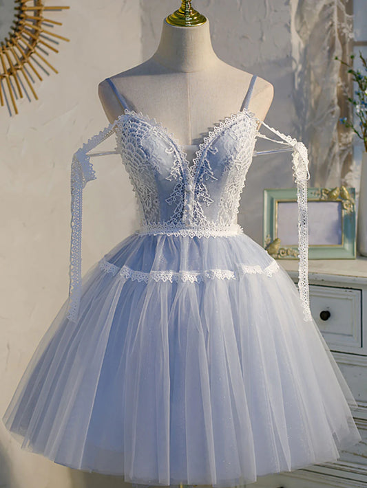 A line Lace v Neck Blue Homecoming Dresses